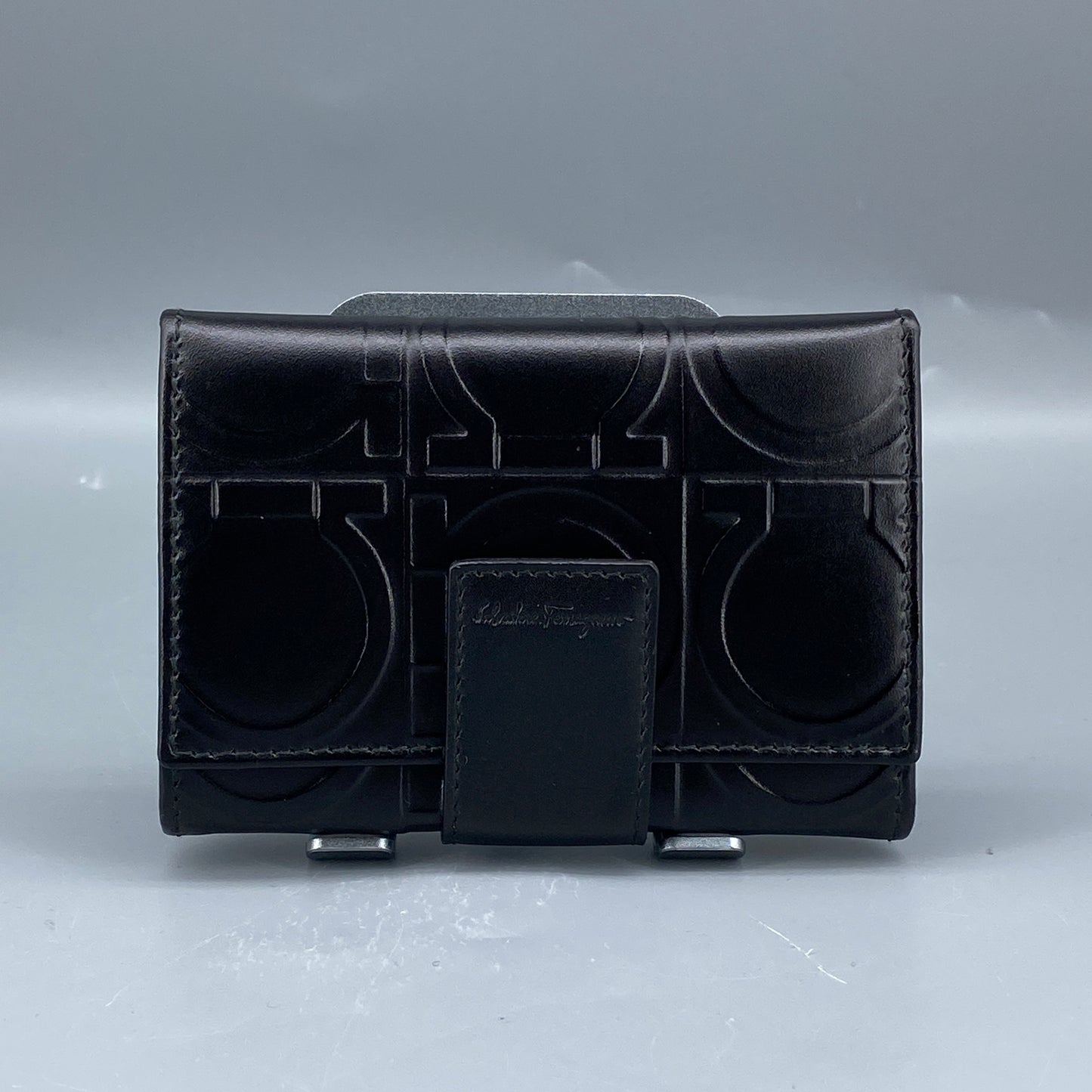 Ferragamo Black Embossed Gancini Short Wallet with Keyring