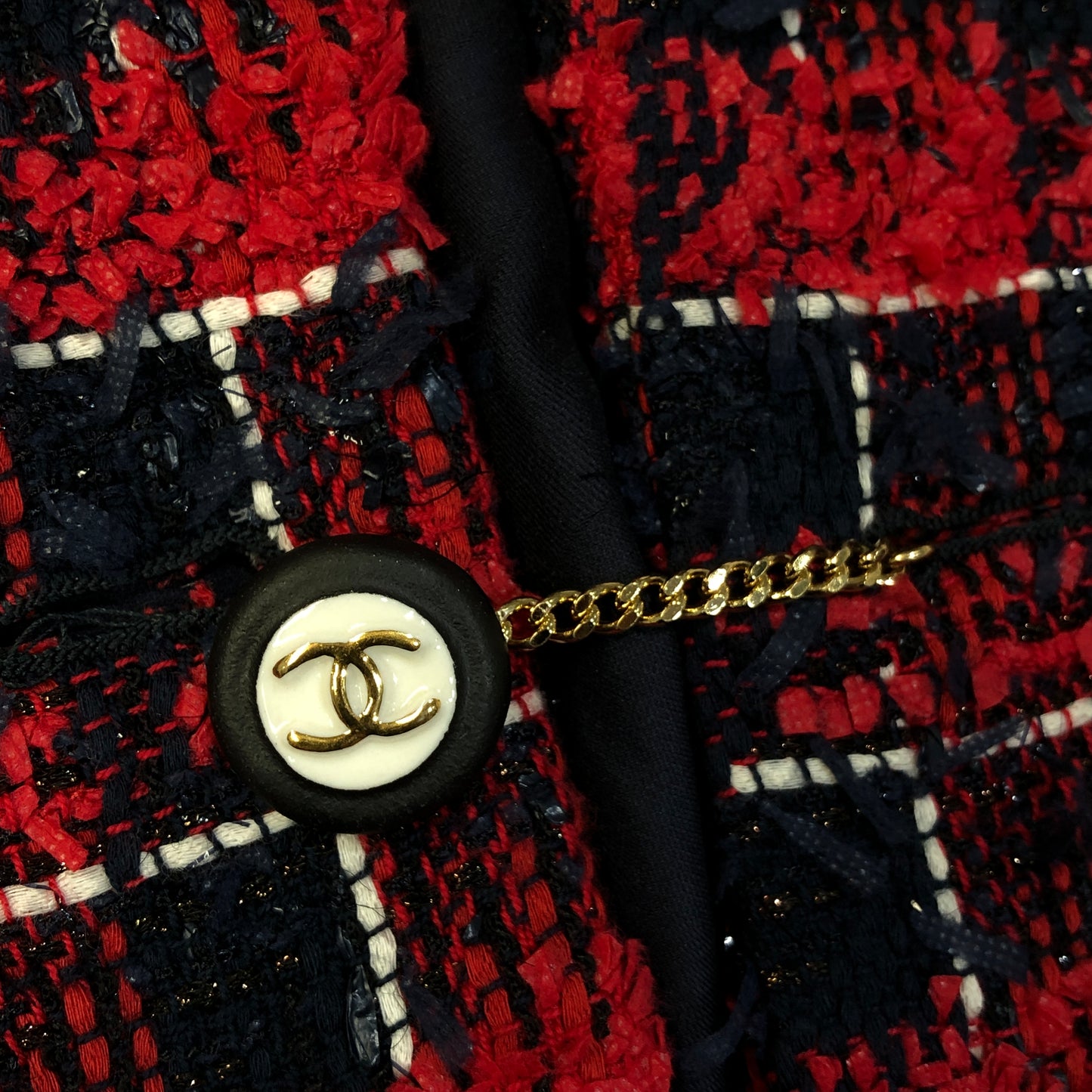 Chanel Red & Navy Blue Plaid Tweed Blazer Lapel Collar Size 36