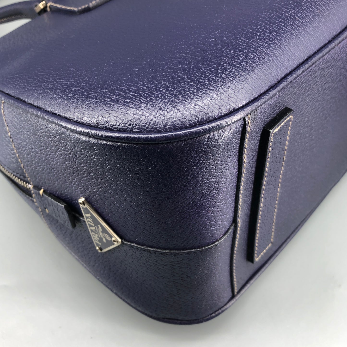 Prada Bauletto Medium Pebbled Leather Handbag  Ink Blue
