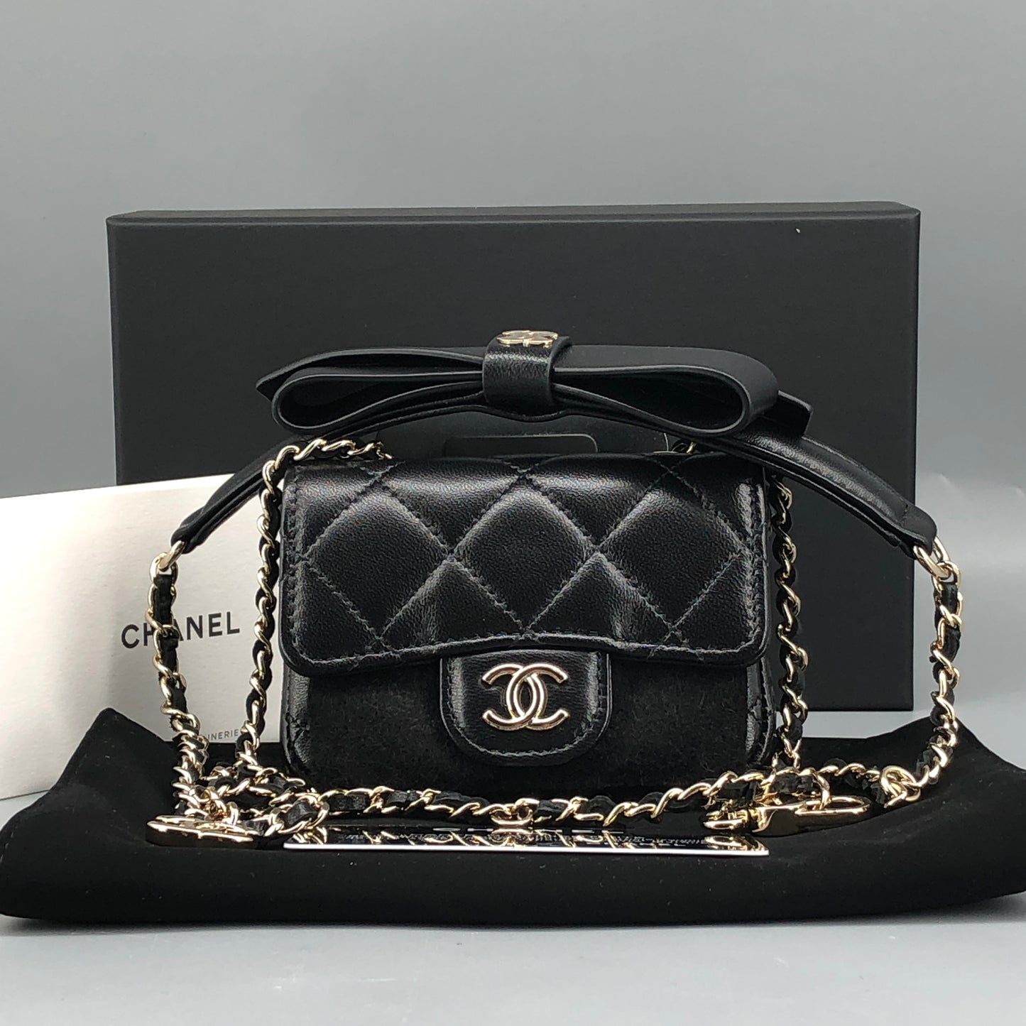 Chanel Bow Classic Quilted Belt Bag Black Lambskin Leather