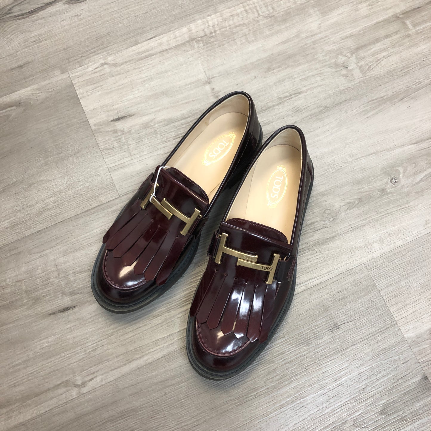 Tod’s Women’s Double T Patent Leather Loafer Shoes 37 Burgundy