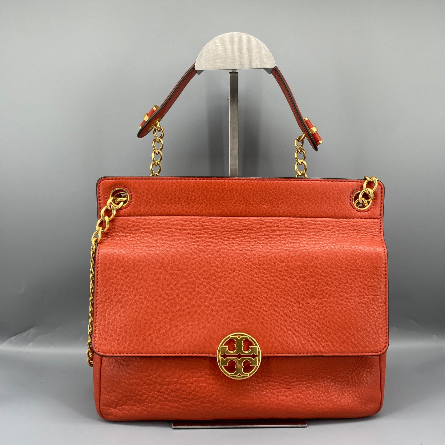 Tory Burch Orange Pebbled Leather Double T Logo Flap Chain Shoulder Bag