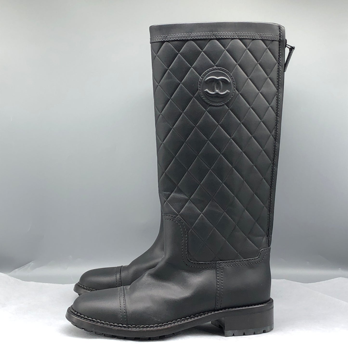 Chanel Black Quilted Leather Knee-High CC Logo Boots Size 36.5