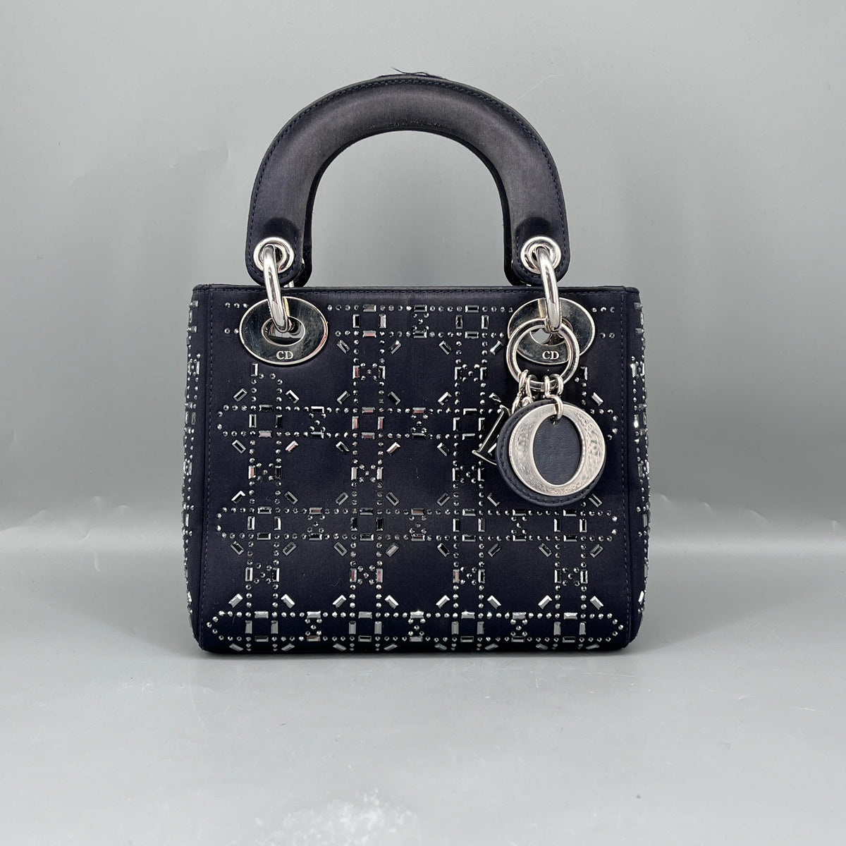 Christian Dior Navy Blue Satin Beaded Lady Dior Handbag