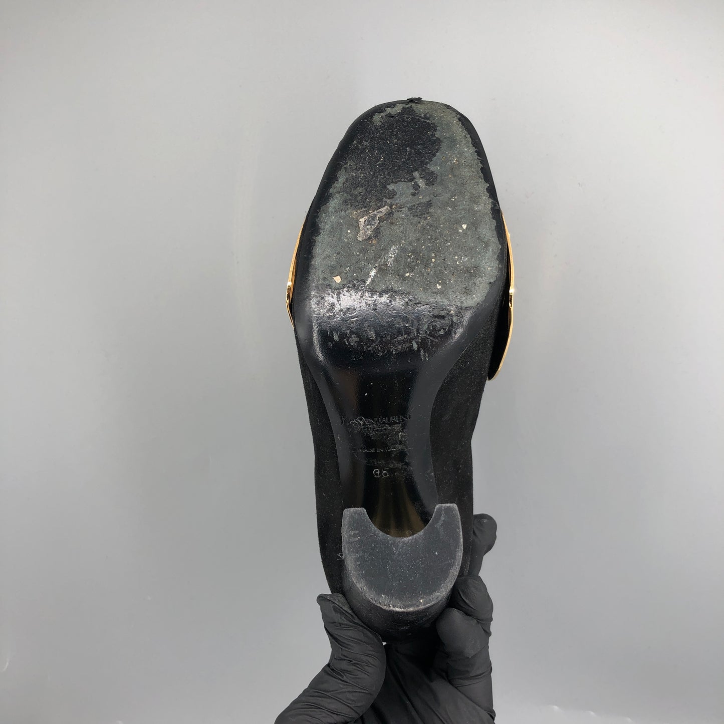 Saint Laurent Black Suede & Gold Metallic Cap Toe Block Heel Pumps 35