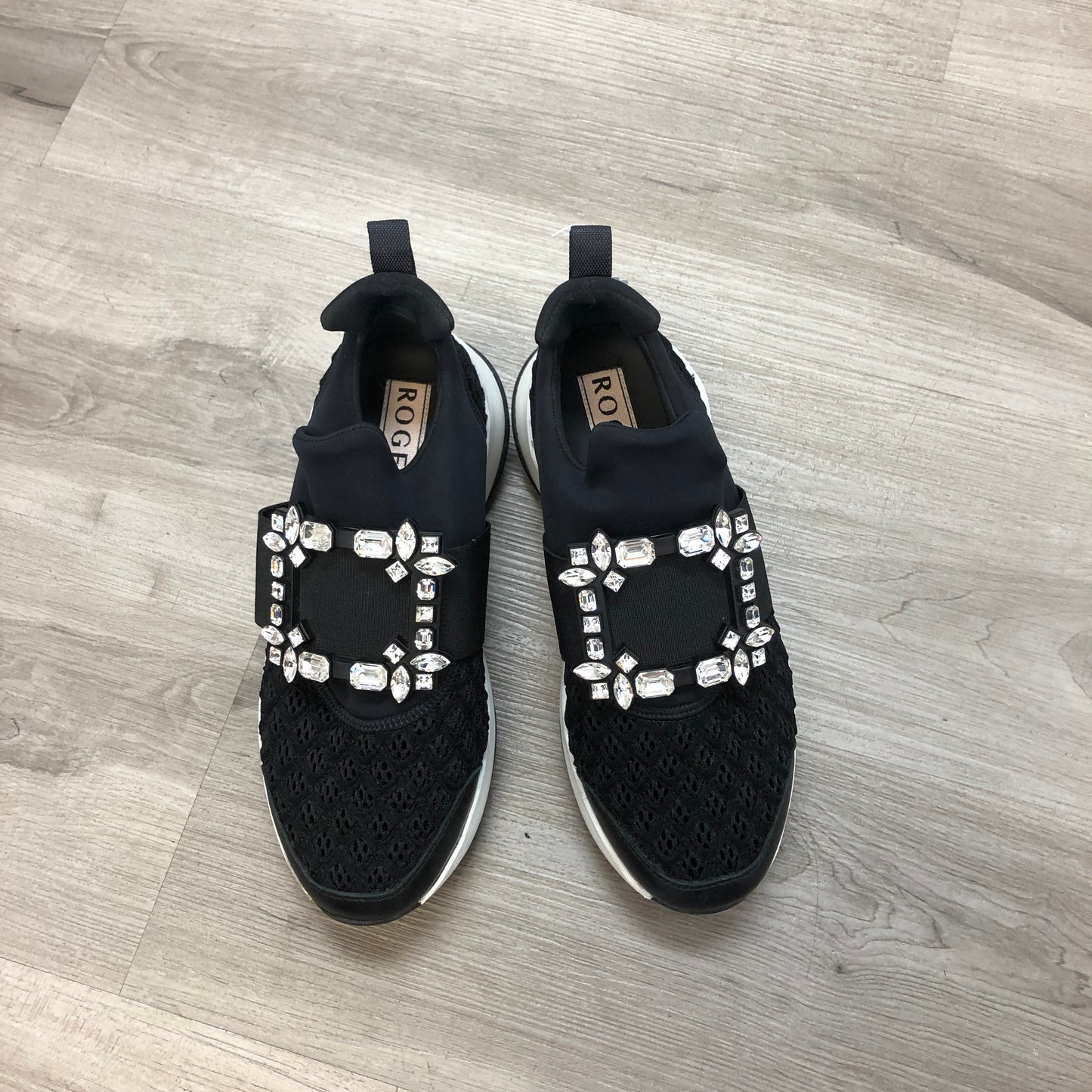 Roger Vivier Women's Mesh Fabric Crystal Buckle Slip-On Sneaker Mule Shoes 36 Black White Two-Tone