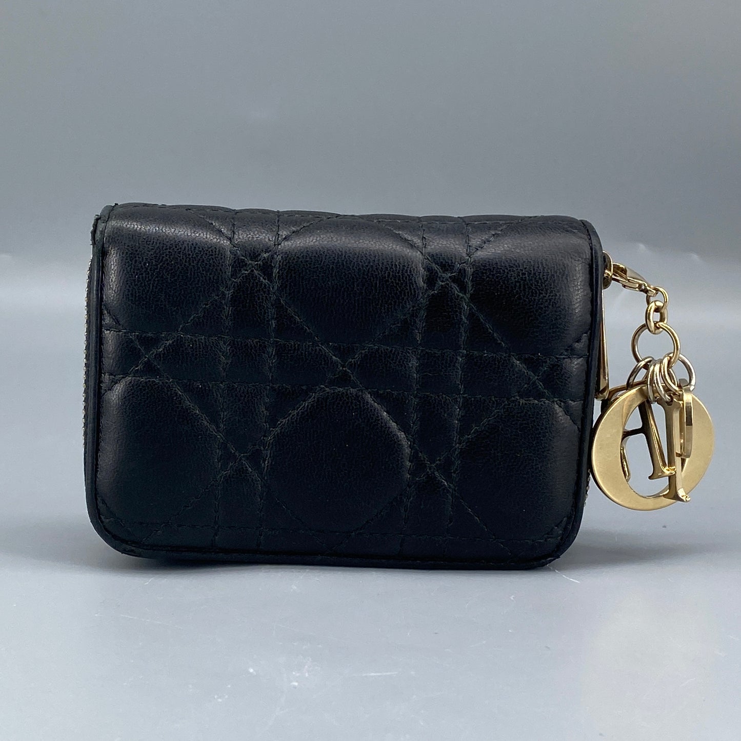 Christian Dior Black Cannage Quilted Zip‑Around Card Wallet