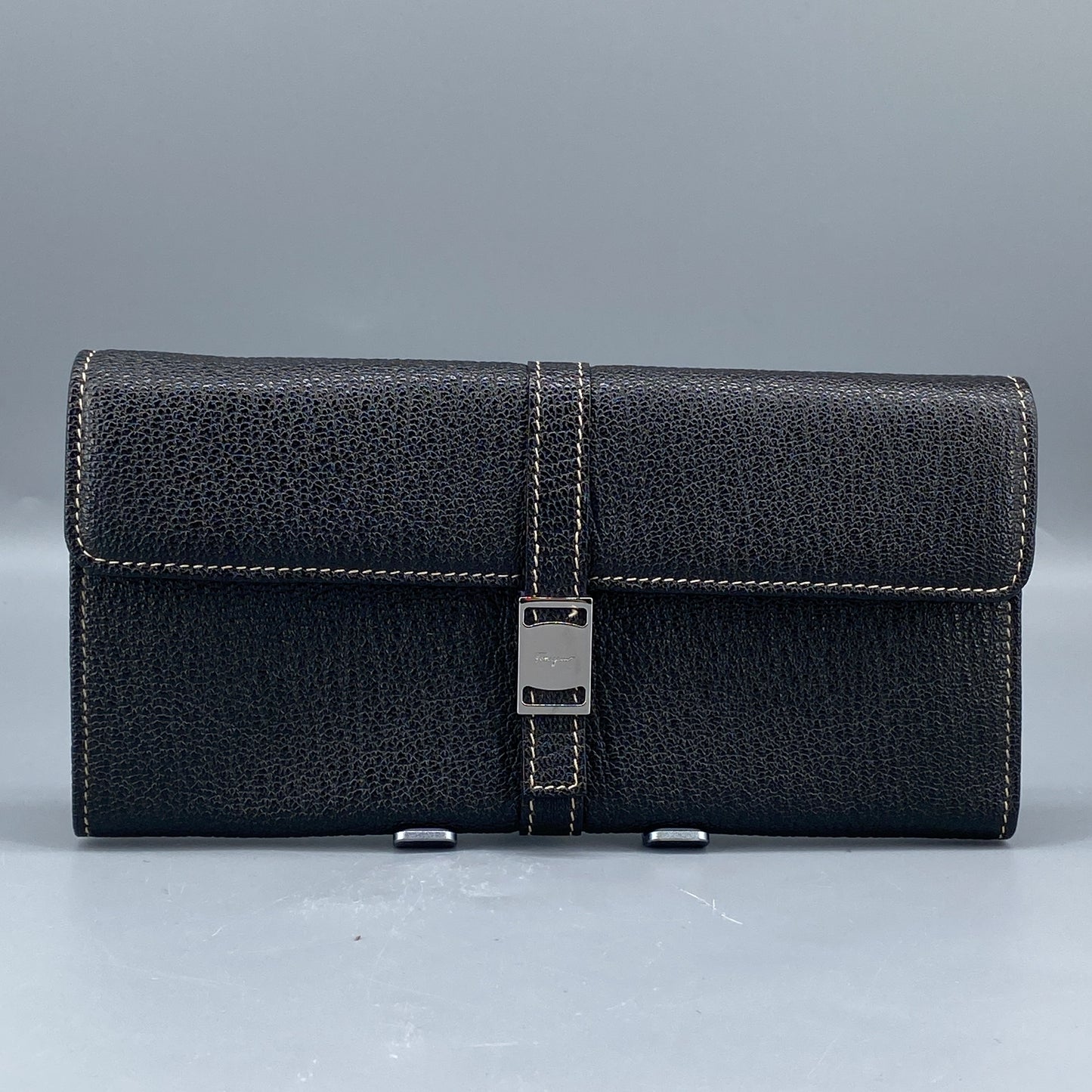 Ferragamo Black Grain Leather Flap Long Wallet