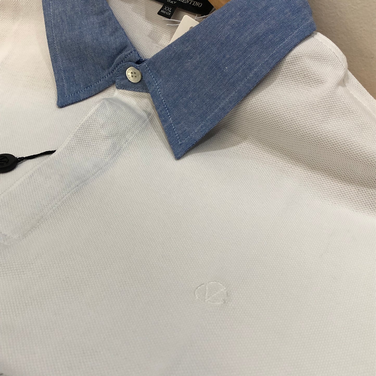 Giovanni Valentino White Contrast Blue Collar Short Sleeve Polo Shirt Size XXL