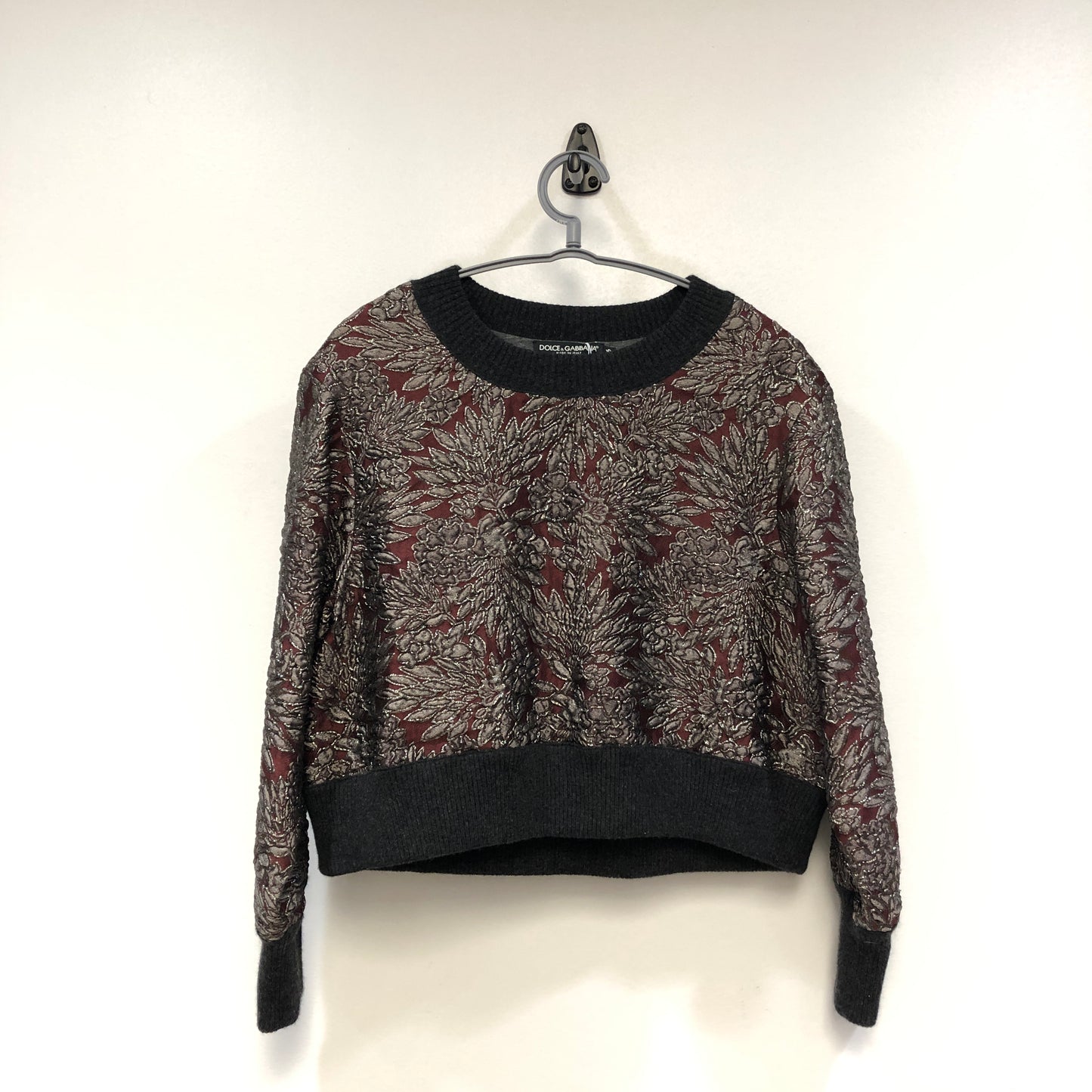 Dolce & Gabbana Claret Grey Black Jacquard Long Sleeve Knit Top Size 36