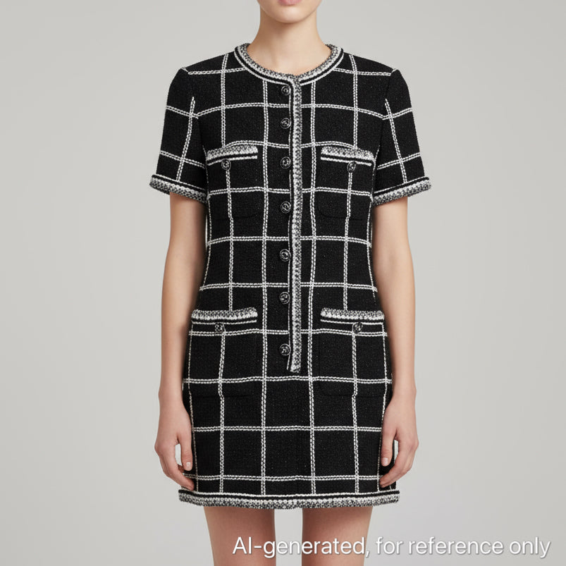 Chanel Short Sleeve Grid Tweed Dress in Black & White (Size 34)