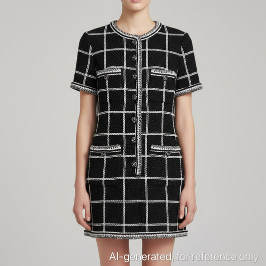 Chanel Short Sleeve Grid Tweed Dress in Black & White (Size 34)