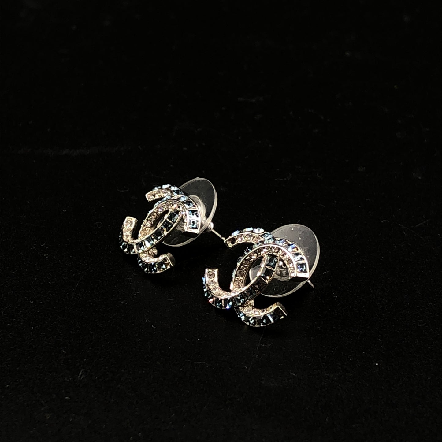 Chanel Blue Crystal Inlaid Interlocking CC Stud Earrings