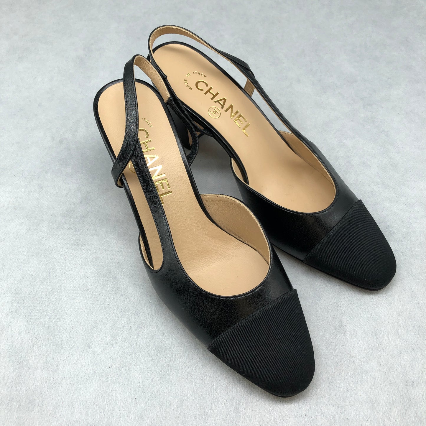 Chanel Black Satin & Leather Cap-Toe Slingback Block Heel Pumps Size 36