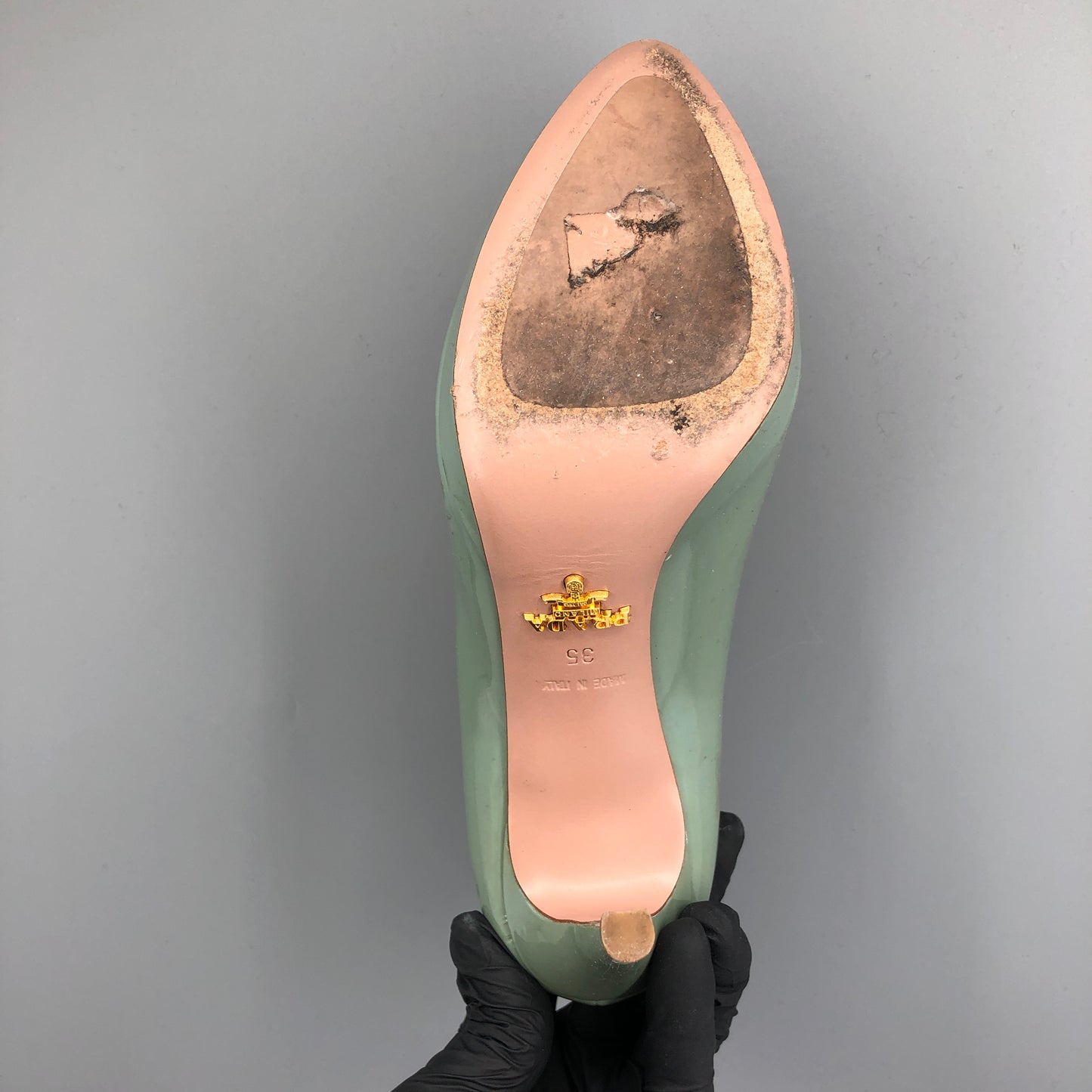 Prada Mint Green Patent Leather Platform Pointed Toe High Heels 35