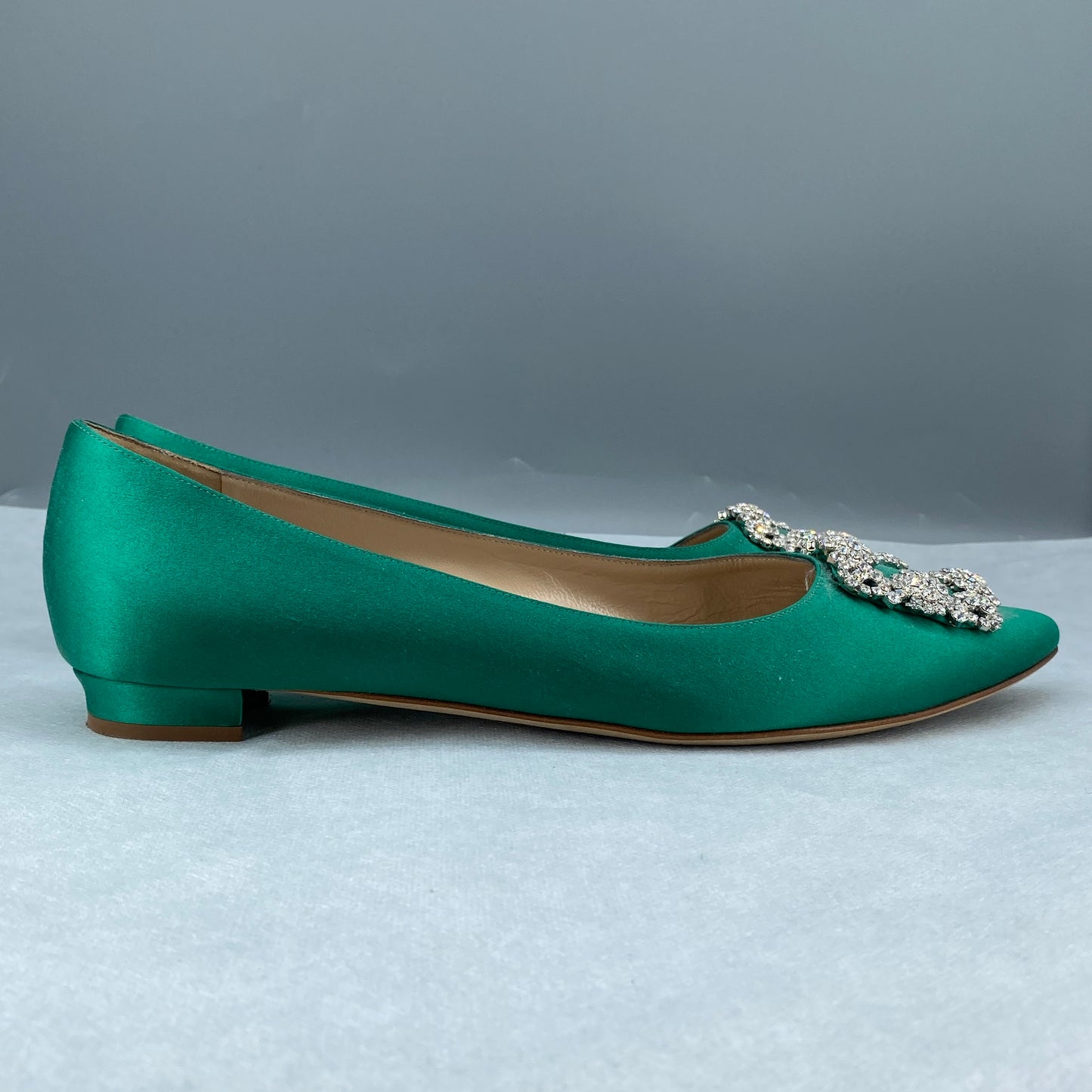 Manolo Blahnik Women's Green Satin Crystal Flat Shoes Size 41