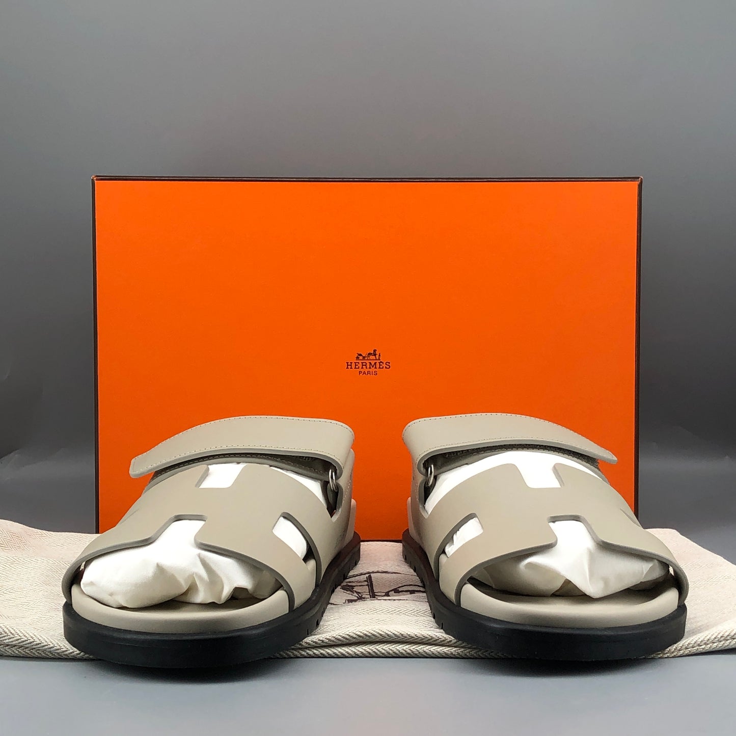 Hermes Chypre Leather Slide Sandals Grey Size 38