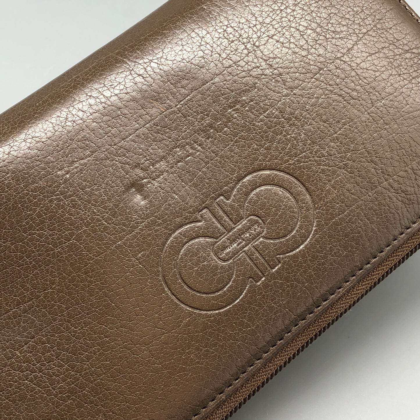 Ferragamo Taupe Brown Leather Zip-Around Long Wallet