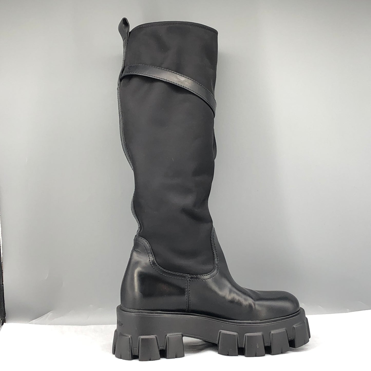Prada Women‘s Re-Nylon Knee-High Lug Sole Boots Size 37 Black
