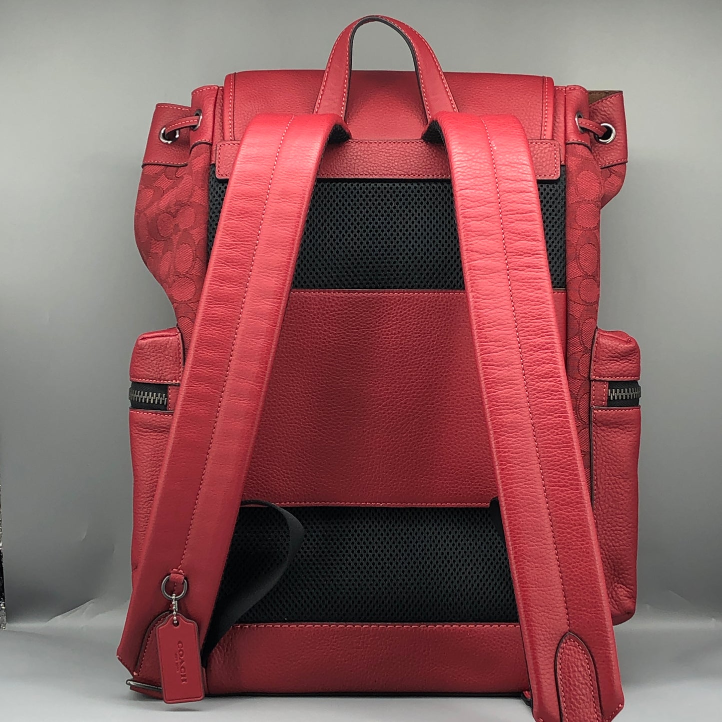 Coach Signature Canvas & Leather Flap Backpack Bag Red
