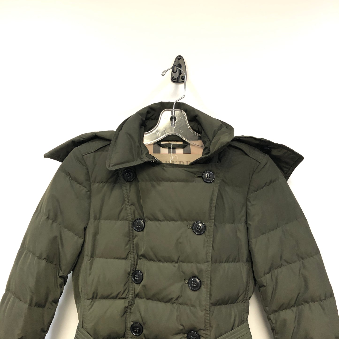 Burberry Olive Green Fur Trim Hooded Puffer Coat Size XS