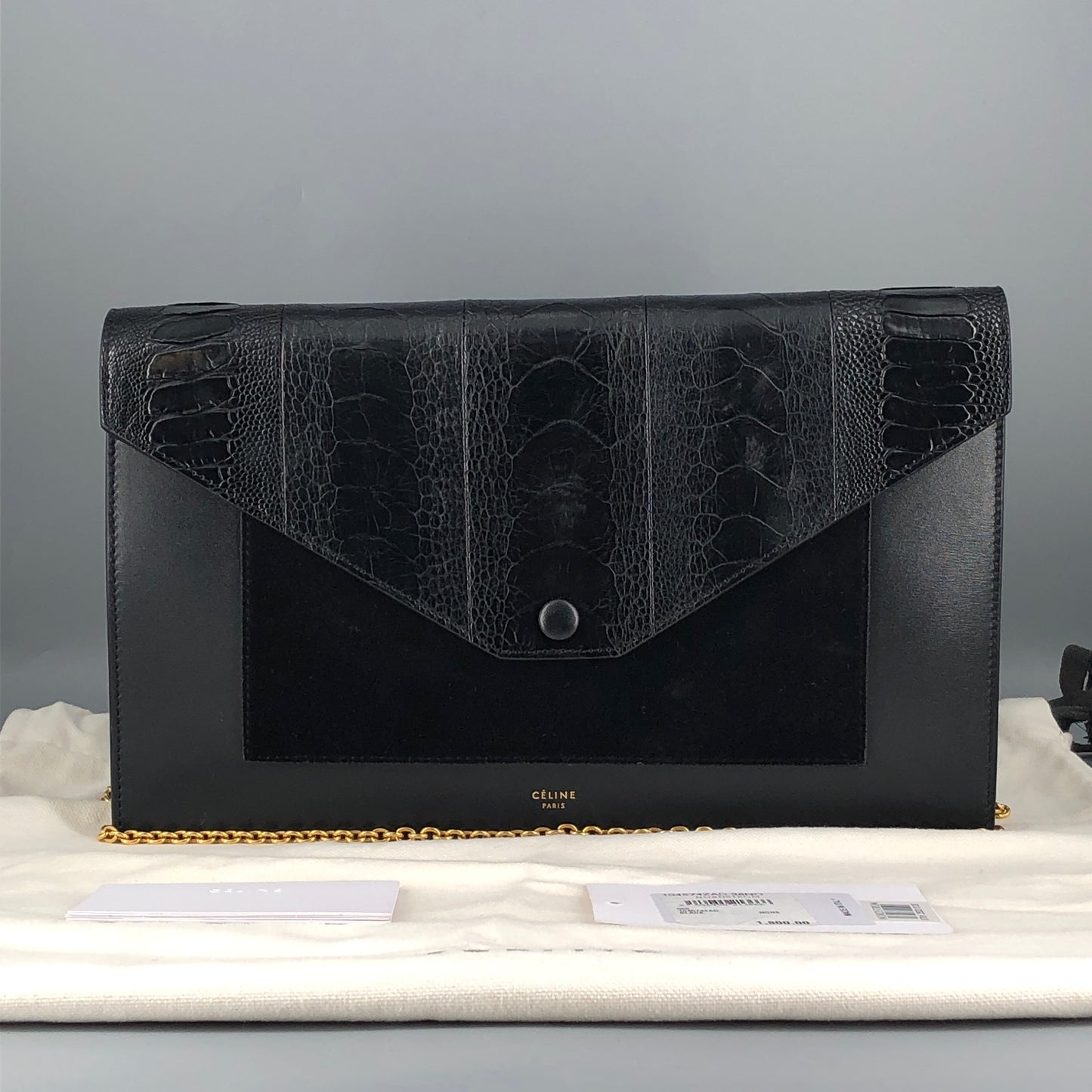 Celine Genuine Python & Smooth Calfskin Envelope Chain Shoulder Bag Black