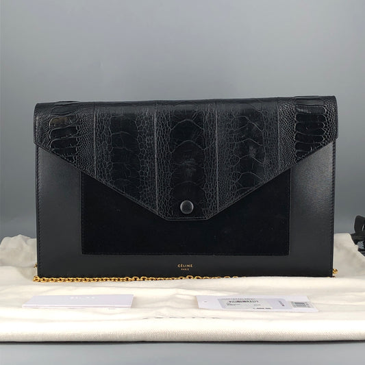 Celine Genuine Python & Smooth Calfskin Envelope Chain Shoulder Bag Black