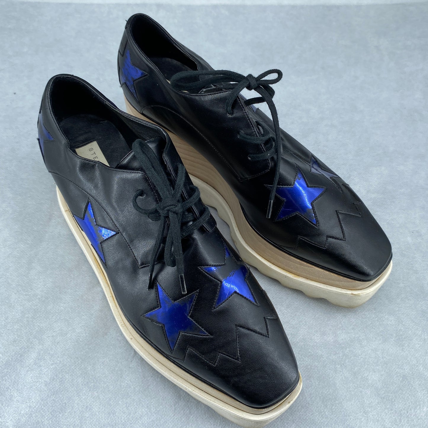 Stella McCartney Women's  Black Eco Leather Blue Star Appliqué Lace-Up Serrated Platform Brogues Size 36.5
