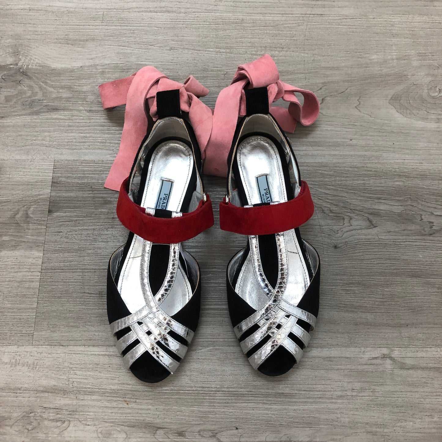 Prada Women's Two-Tone Cutout Patent Leather Ankle Strap Heels 35.5 Black Silver Red Pink