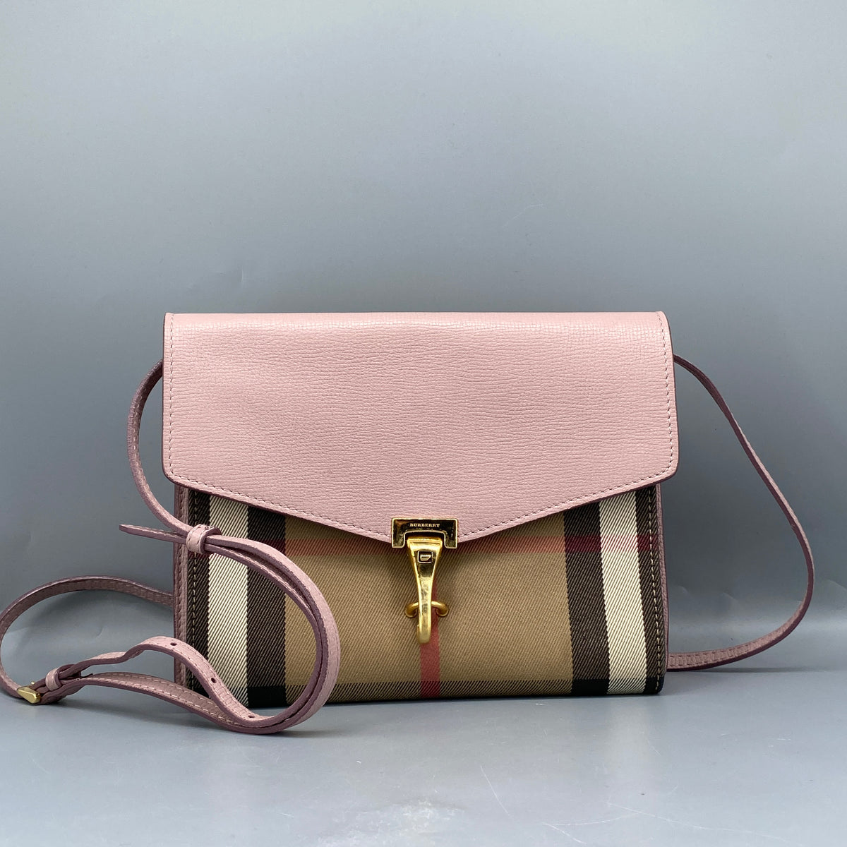 Burberry Derby Calfskin House Check Small Macken Crossbody Bag Pale Orchid