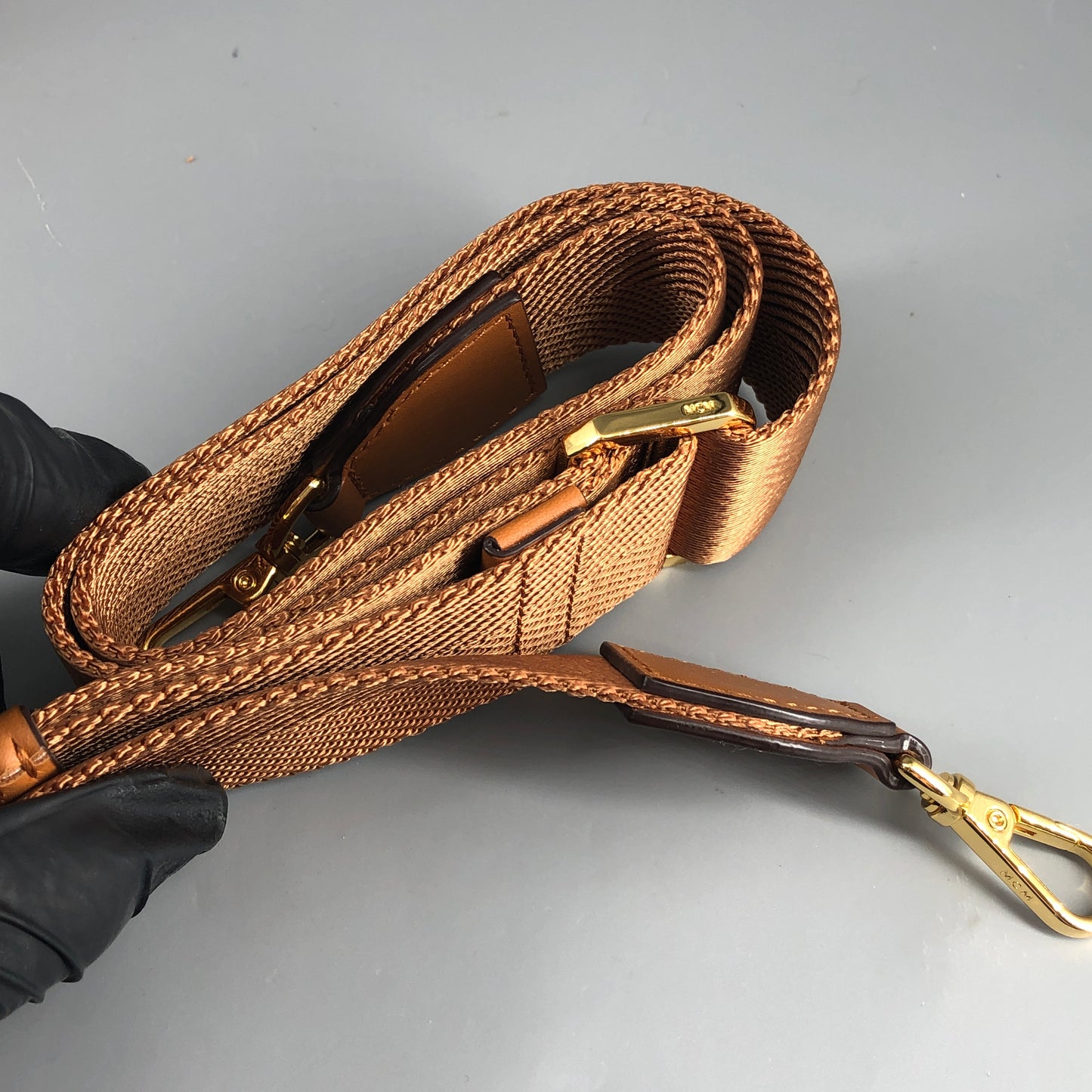 MCM Visetos Shearling Trim Oval Crossbody Camera Bag  Caramel