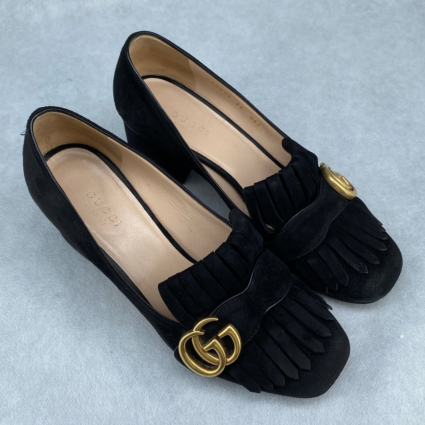 Gucci Suede Double G Tassel Low Heel Shoes Size 36 Black