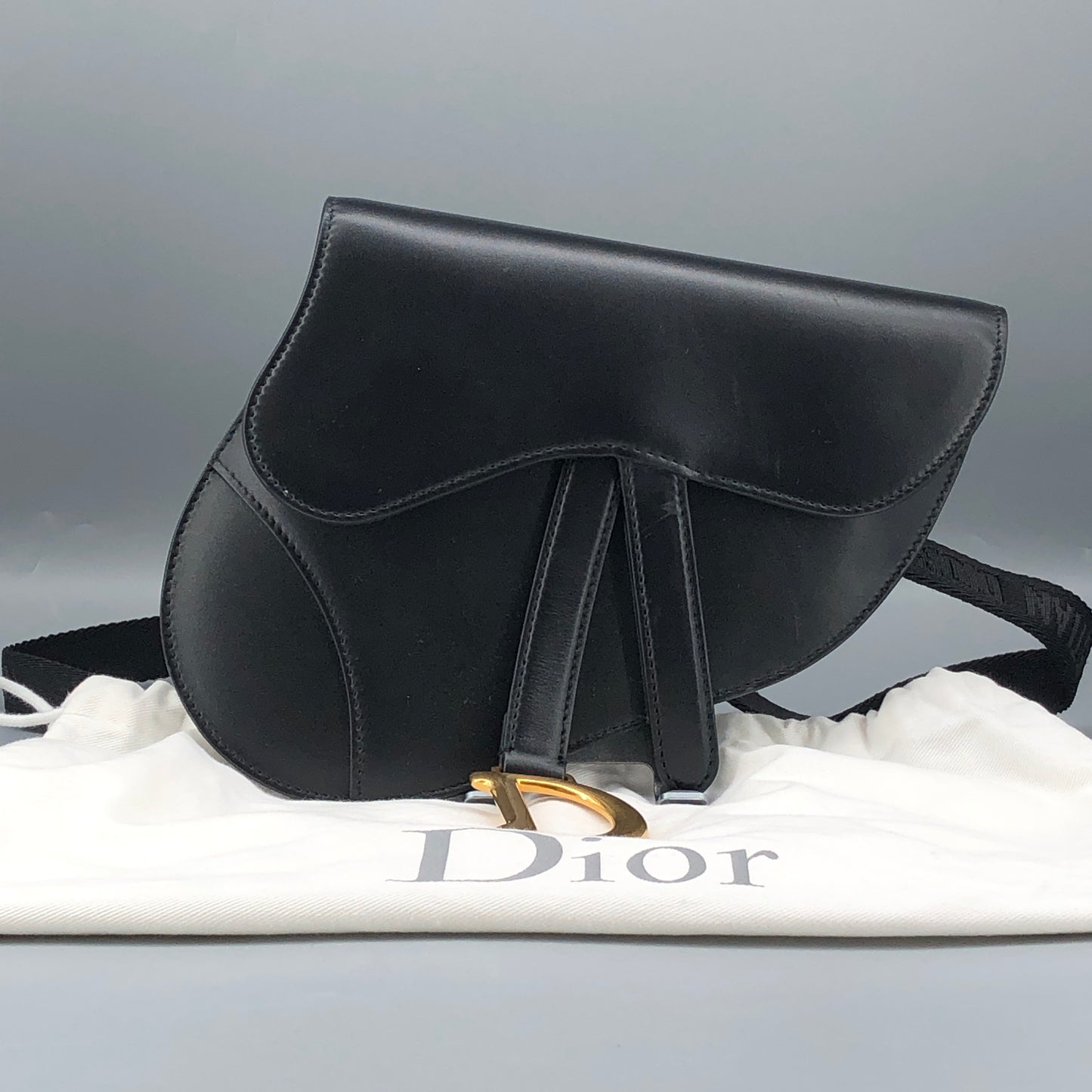 Christian Dior Smooth Black Leather Saddle Waist Belt Bag