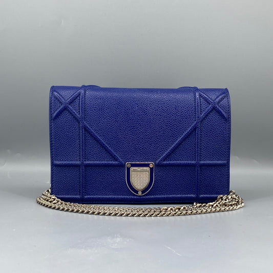 Christian Dior Royal Blue Grained Calfskin Diorama Chain Wallet