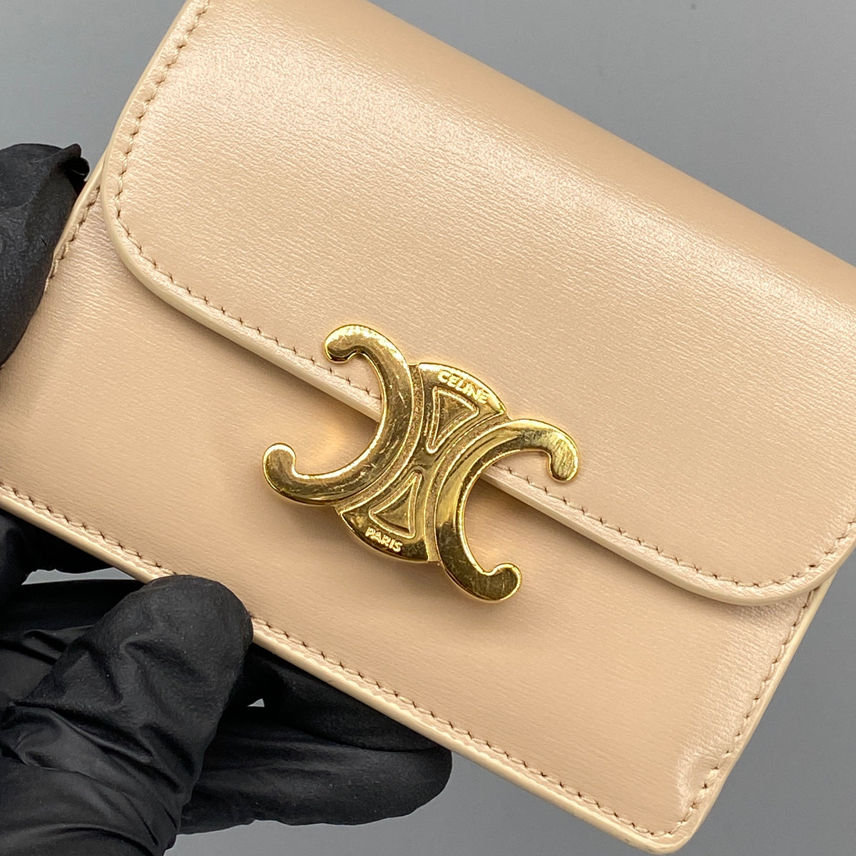 Celine Shiny Calfskin Triomphe Wallet Nude Leather