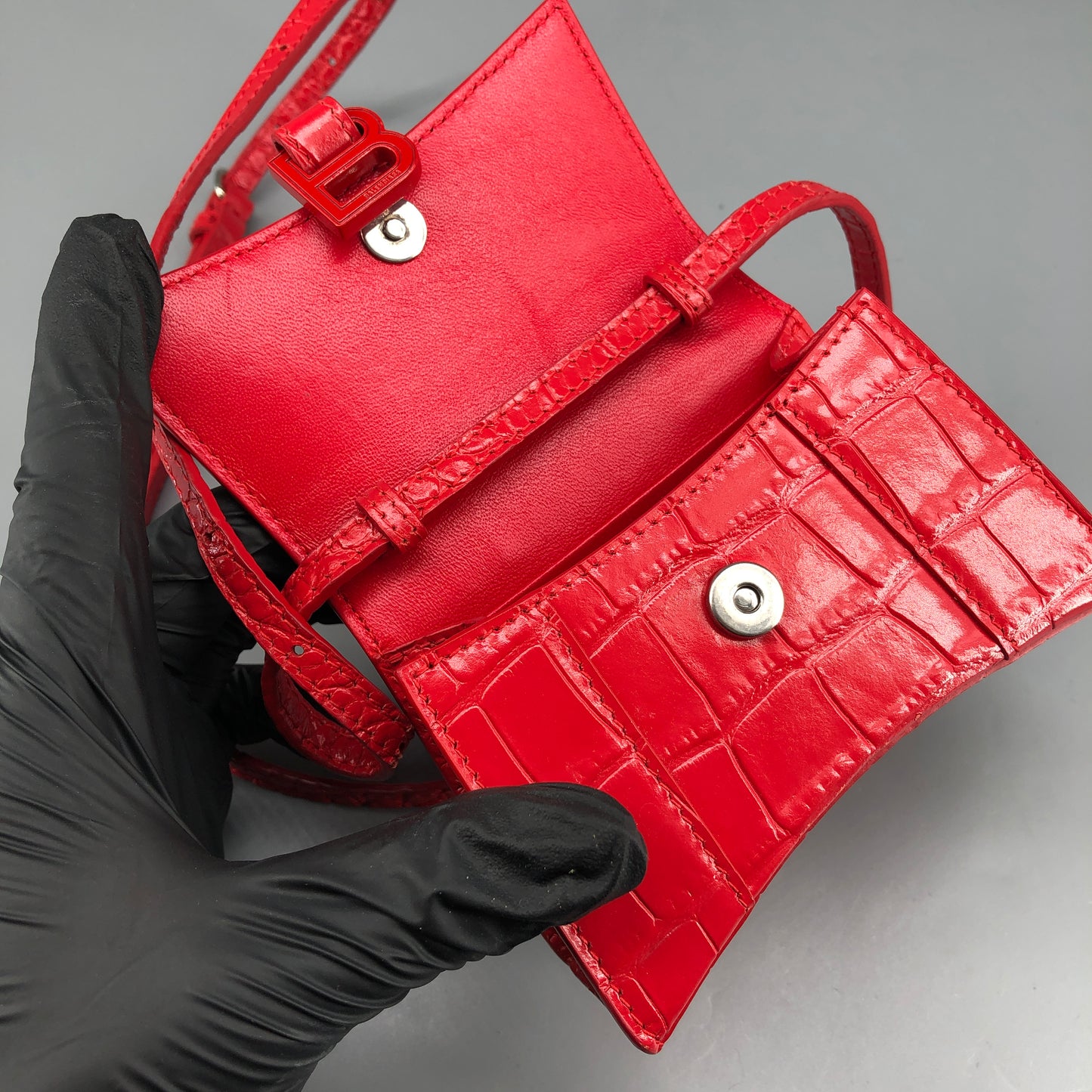 Balenciaga Red Croc Embossed Nano Hourglass Top Handle Bag