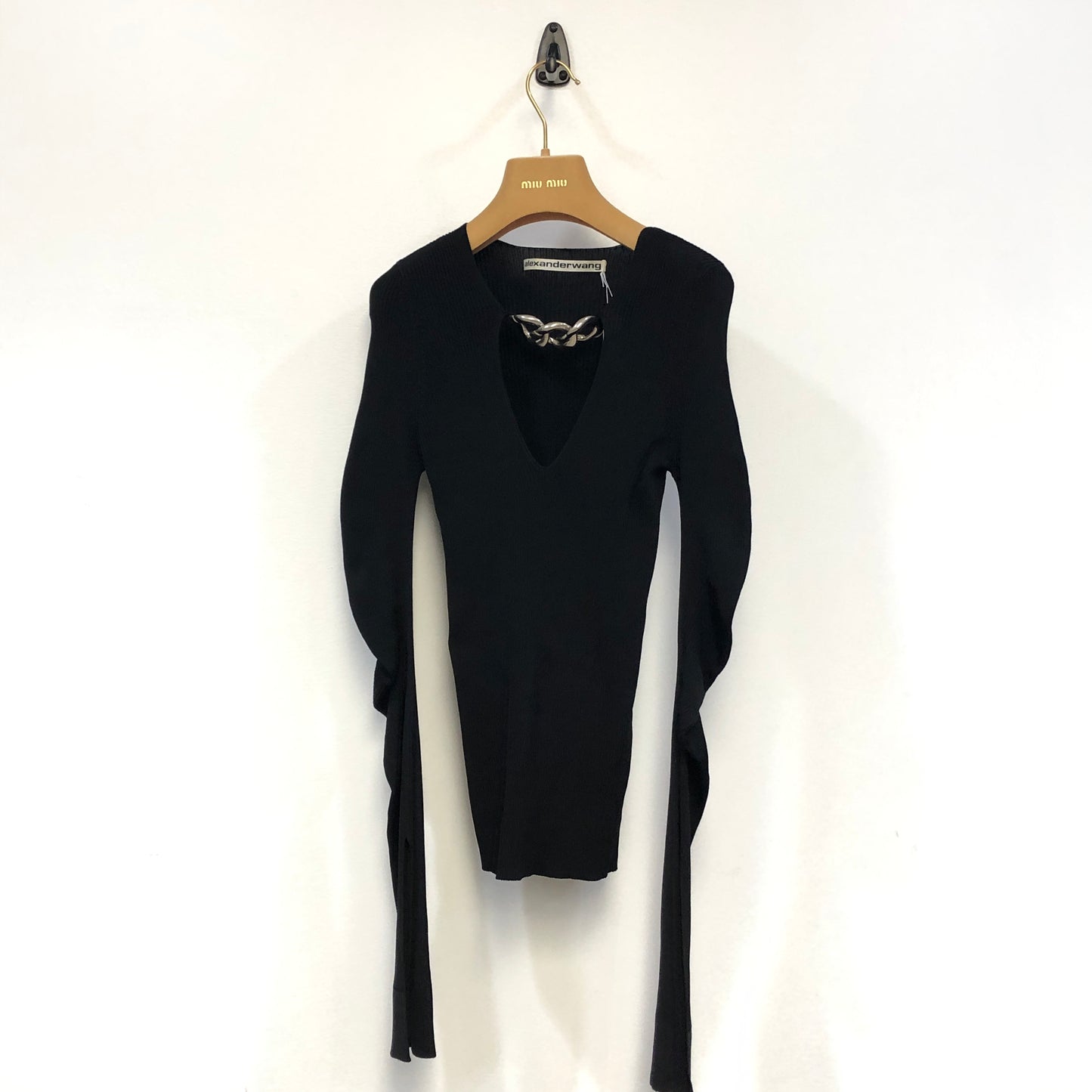 Alexander Wang Black Ribbed Knit Deep V Long Sleeve Top Size M
