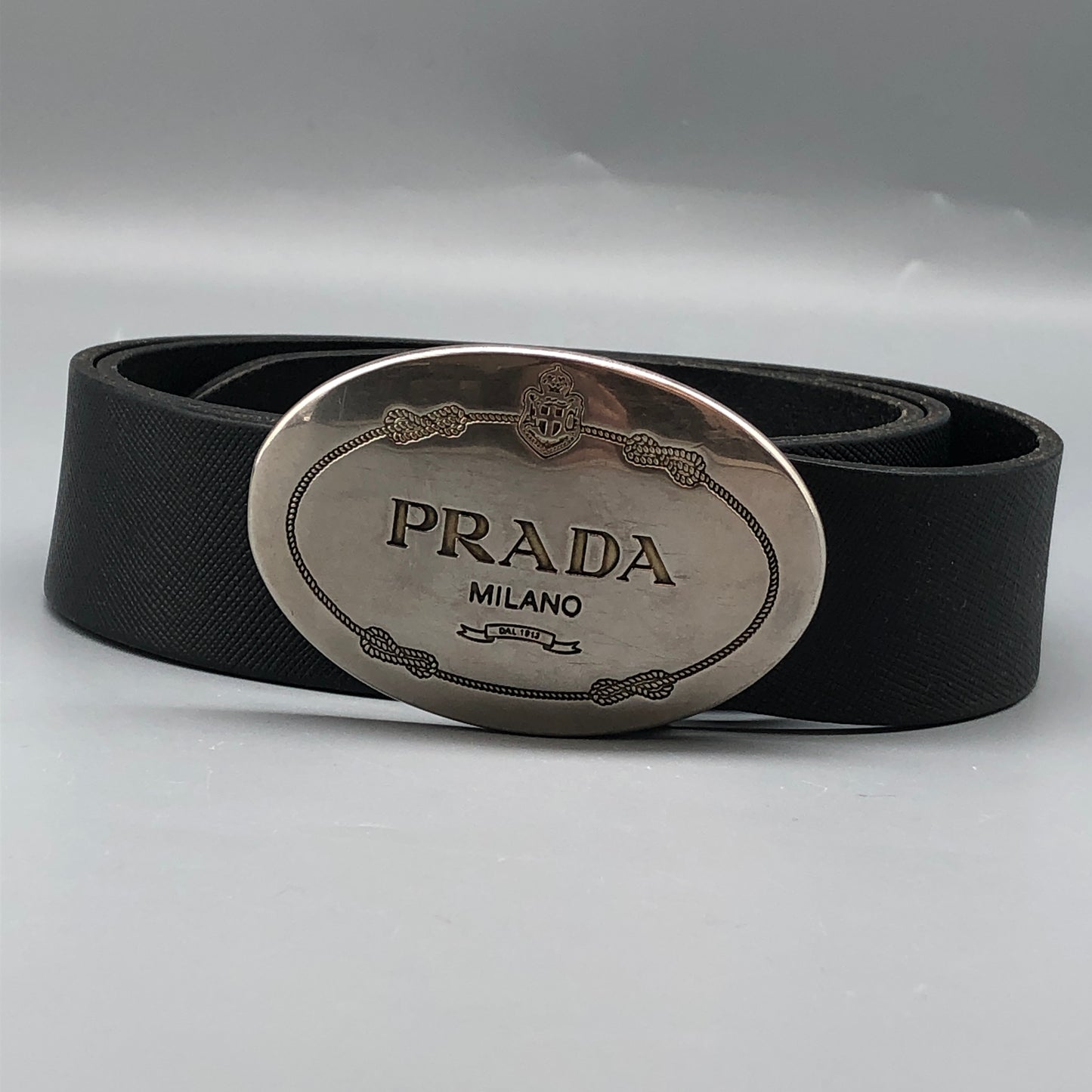 Prada Black Leather Oval Logo Buckle Belt 90cm