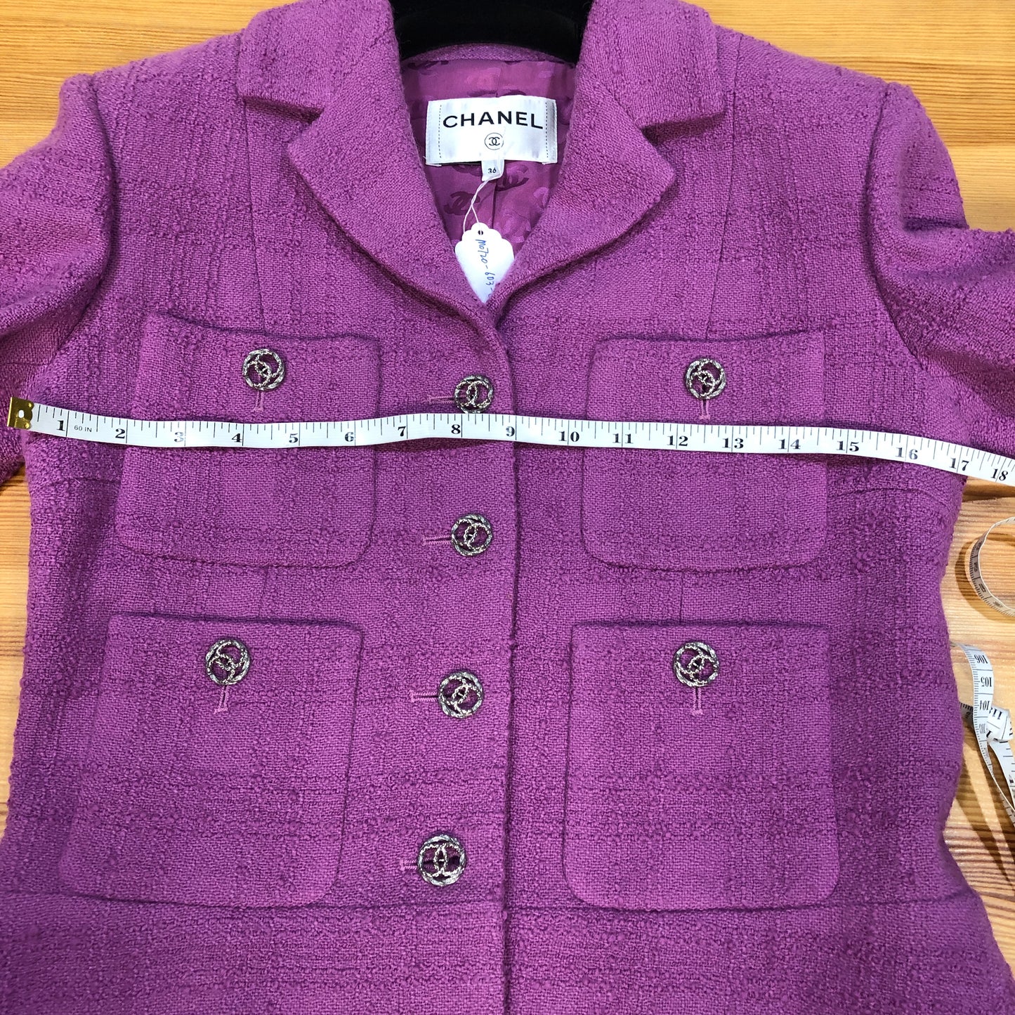 Chanel Lavender Purple Tweed Blazer Lapel Collar Flared Cuffs Size 36