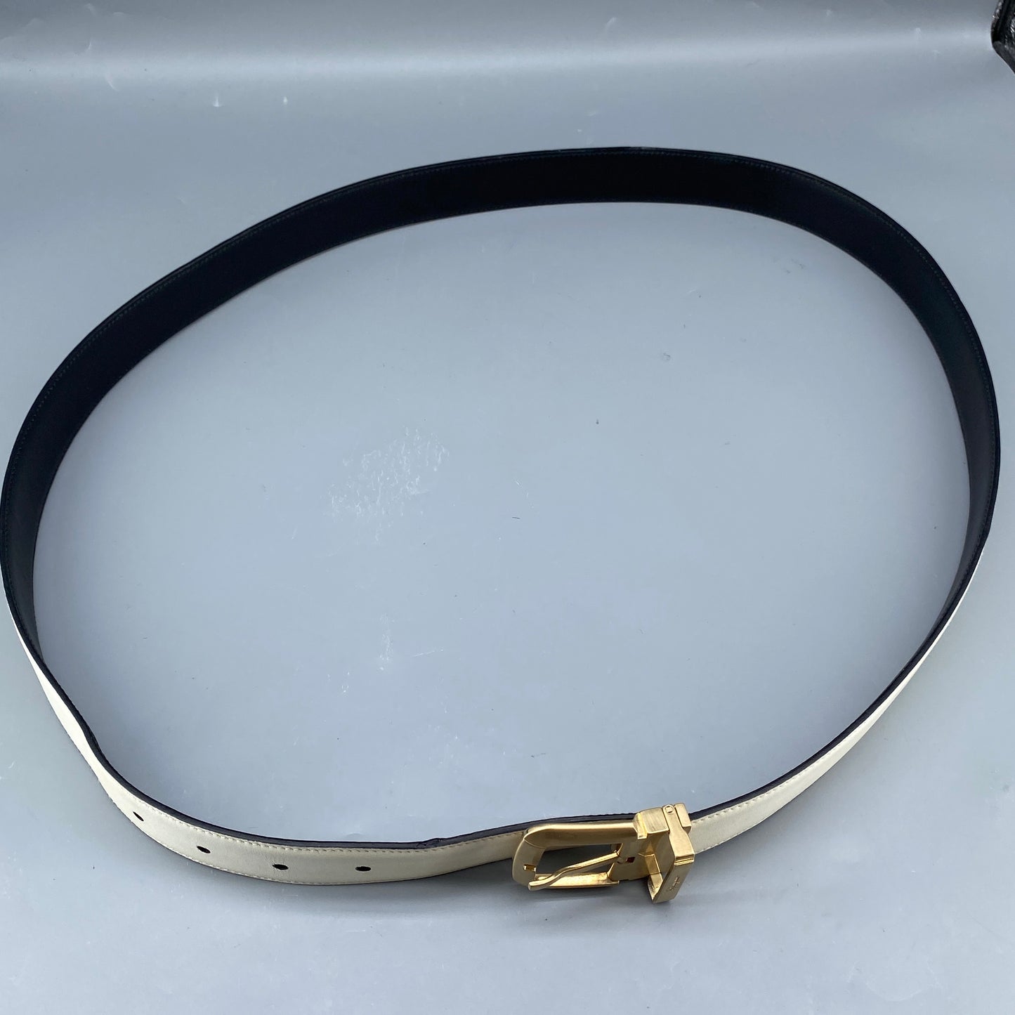 Ferragamo White Smooth Leather Gold Square Pin Buckle Belt 110cm