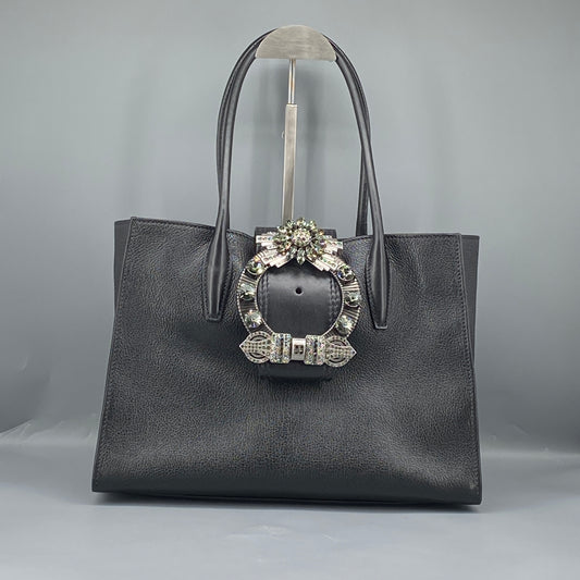 Miu Miu Black Grain Leather Crystal Ornament Top Handle Tote Bag