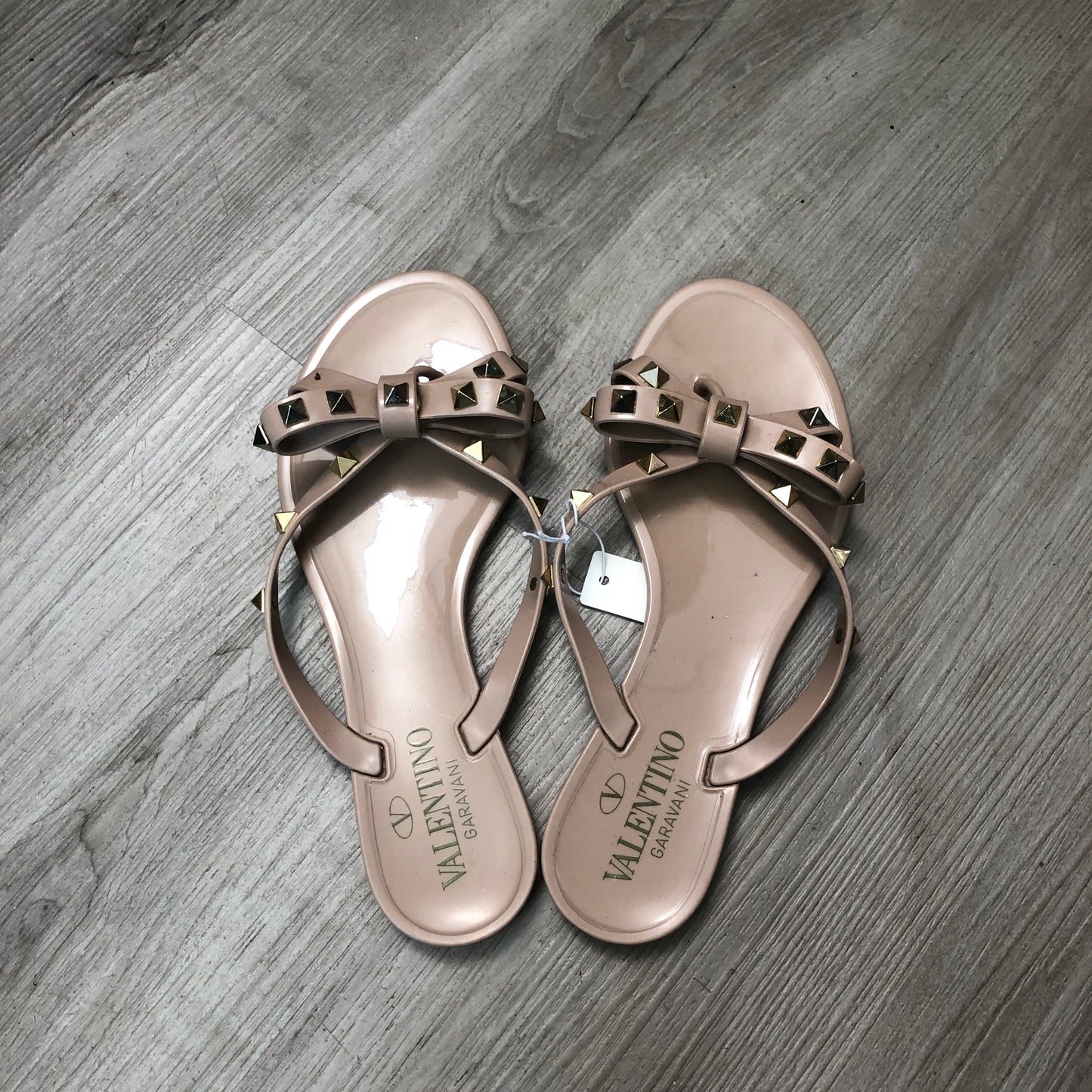 Valentino Nude Smooth Leather Rockstud Flat Slide Sandals 35