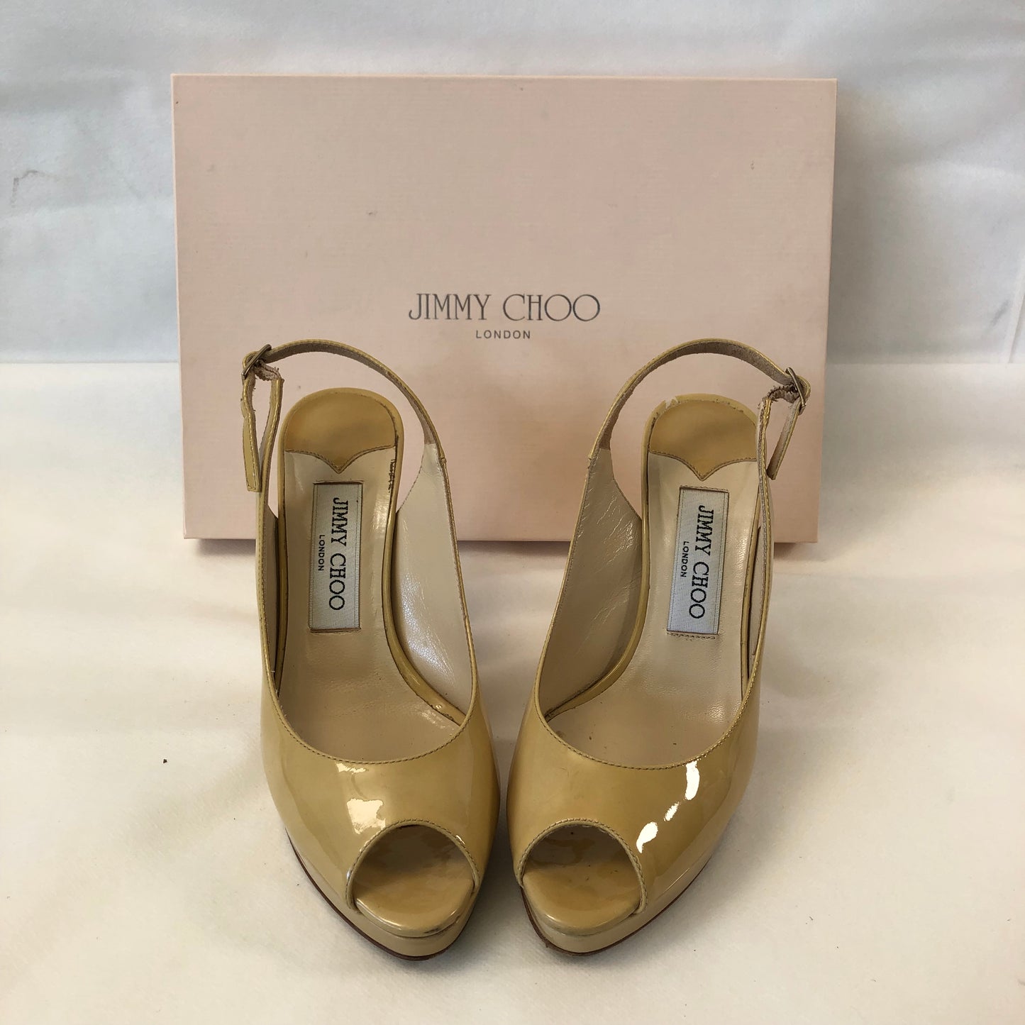 Jimmy Choo Patent Leather Peep Toe Slingback Shoes 36.5 Nude Women