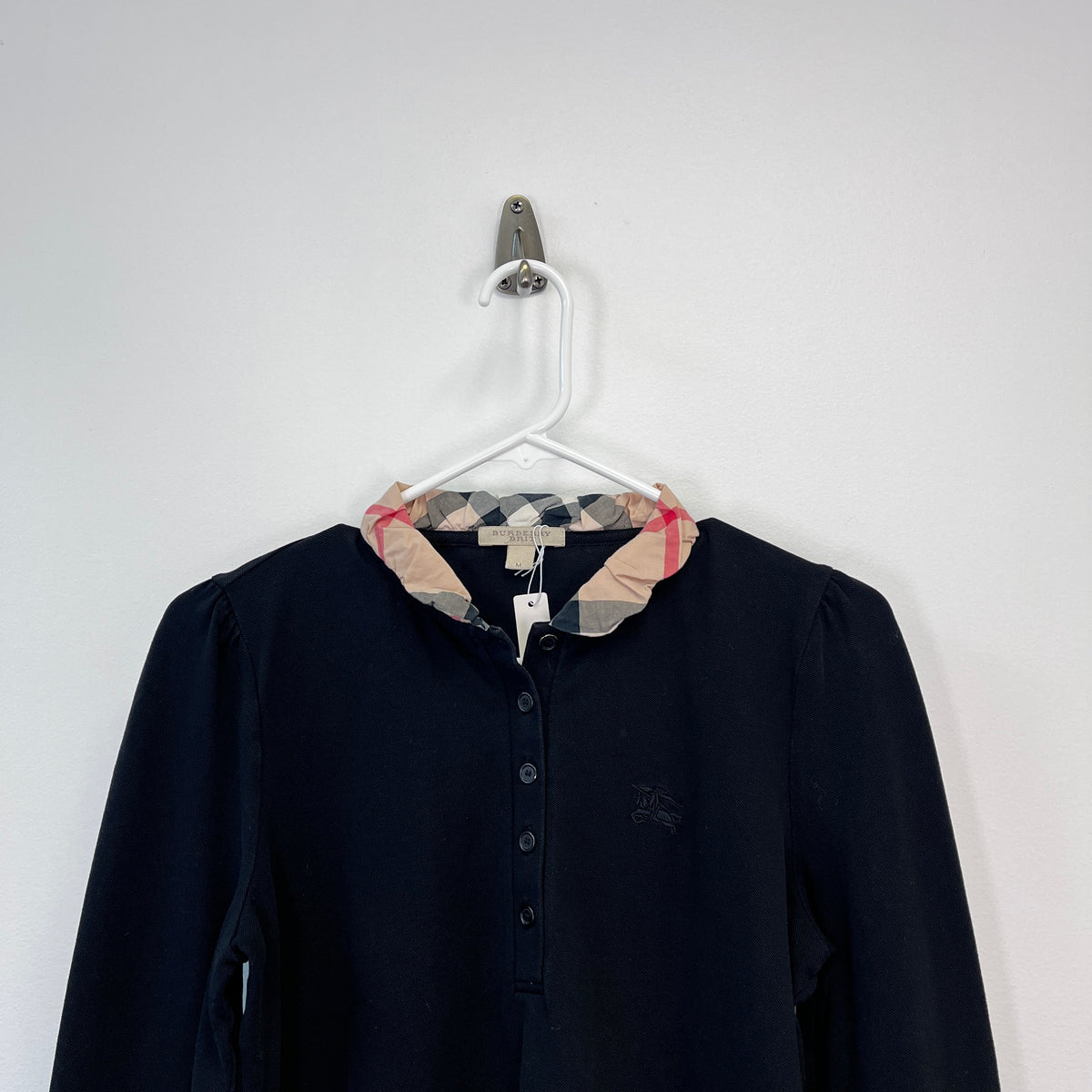 Burberry Black Long Sleeve Polo Shirt Check Ruffle Colla Size M