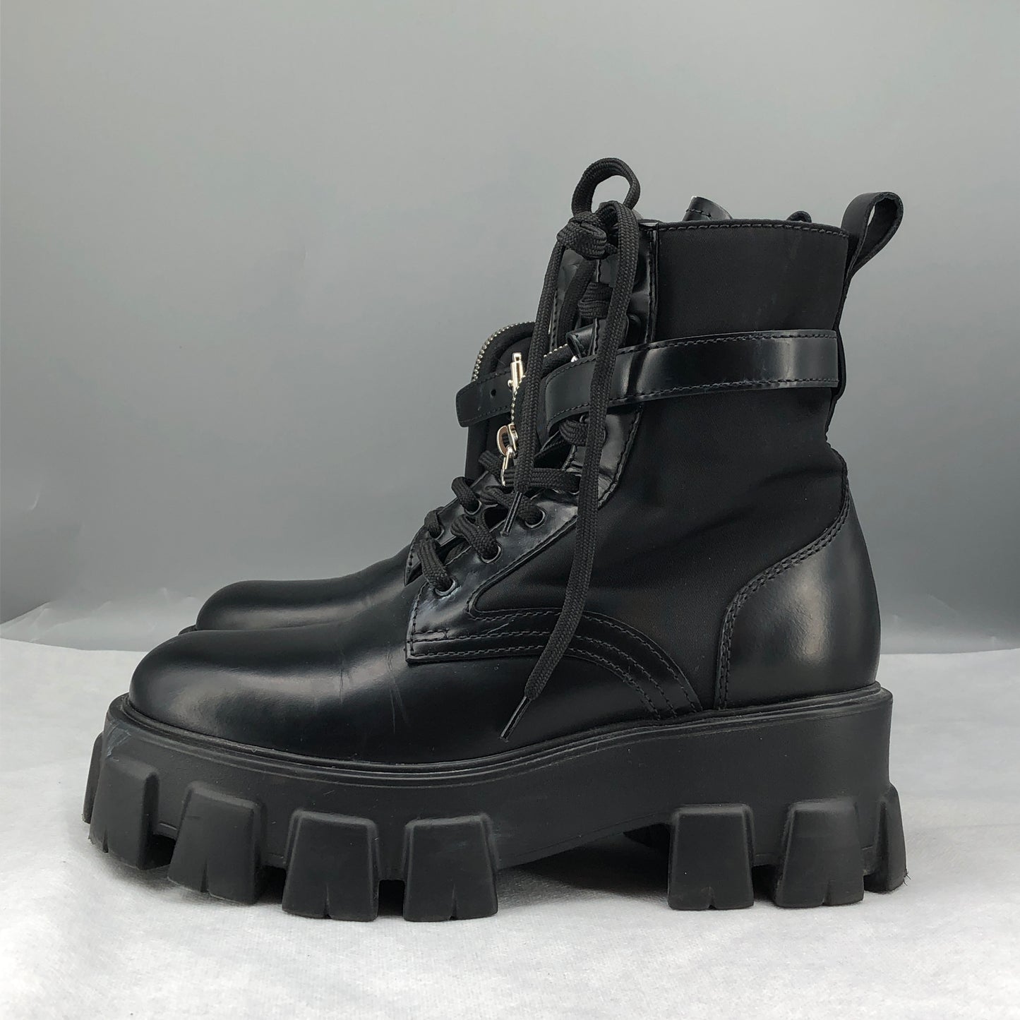 Prada Women's Re-Nylon Leather Combat Ankle Boots Size 36.5 Black