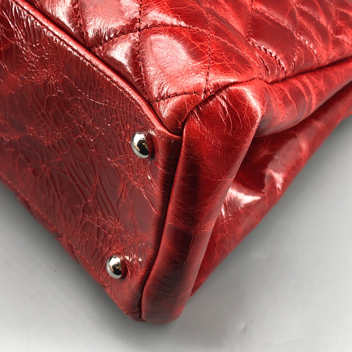 Chanel Just Mademoiselle Quilted Patent Leather Bowling Shoulder Bag Cherry Red