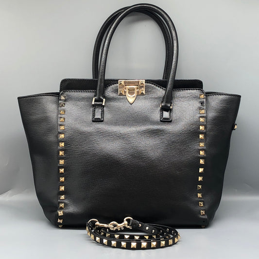 Valentino Garavani Black Leather Rockstud Tote Bag