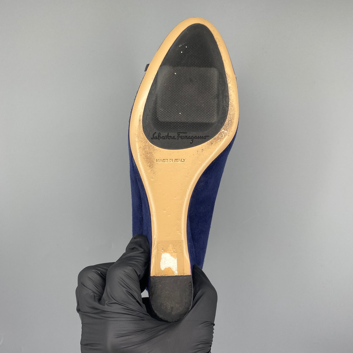 Ferragamo Women’s Deep Blue Suede Patent Toe Wedge Heels Shoes