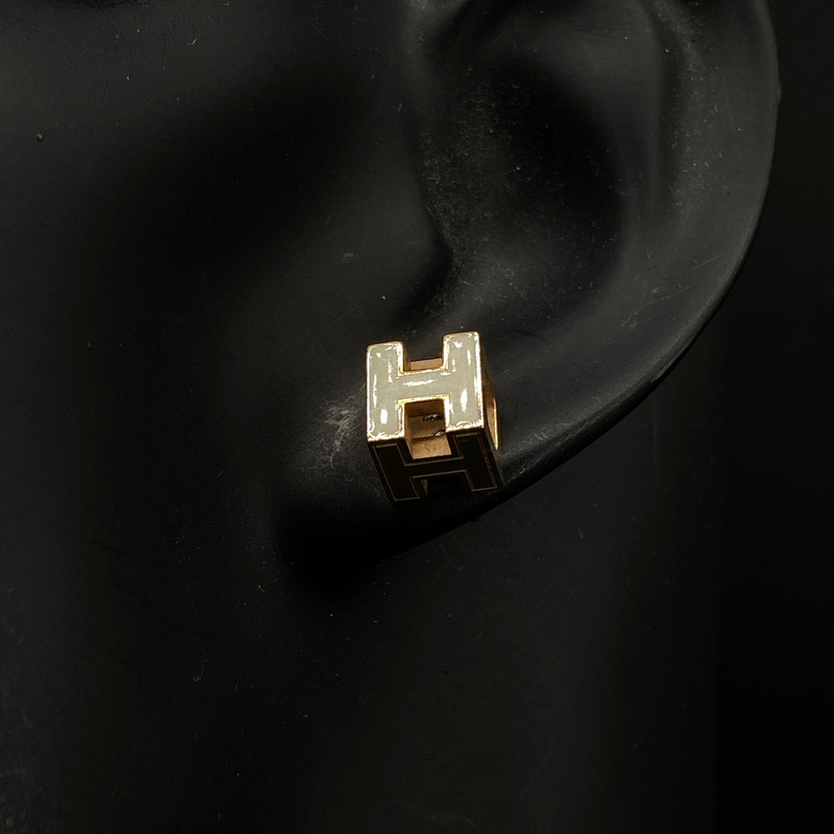 Hermes Gold & Cream H Logo Stud Earrings