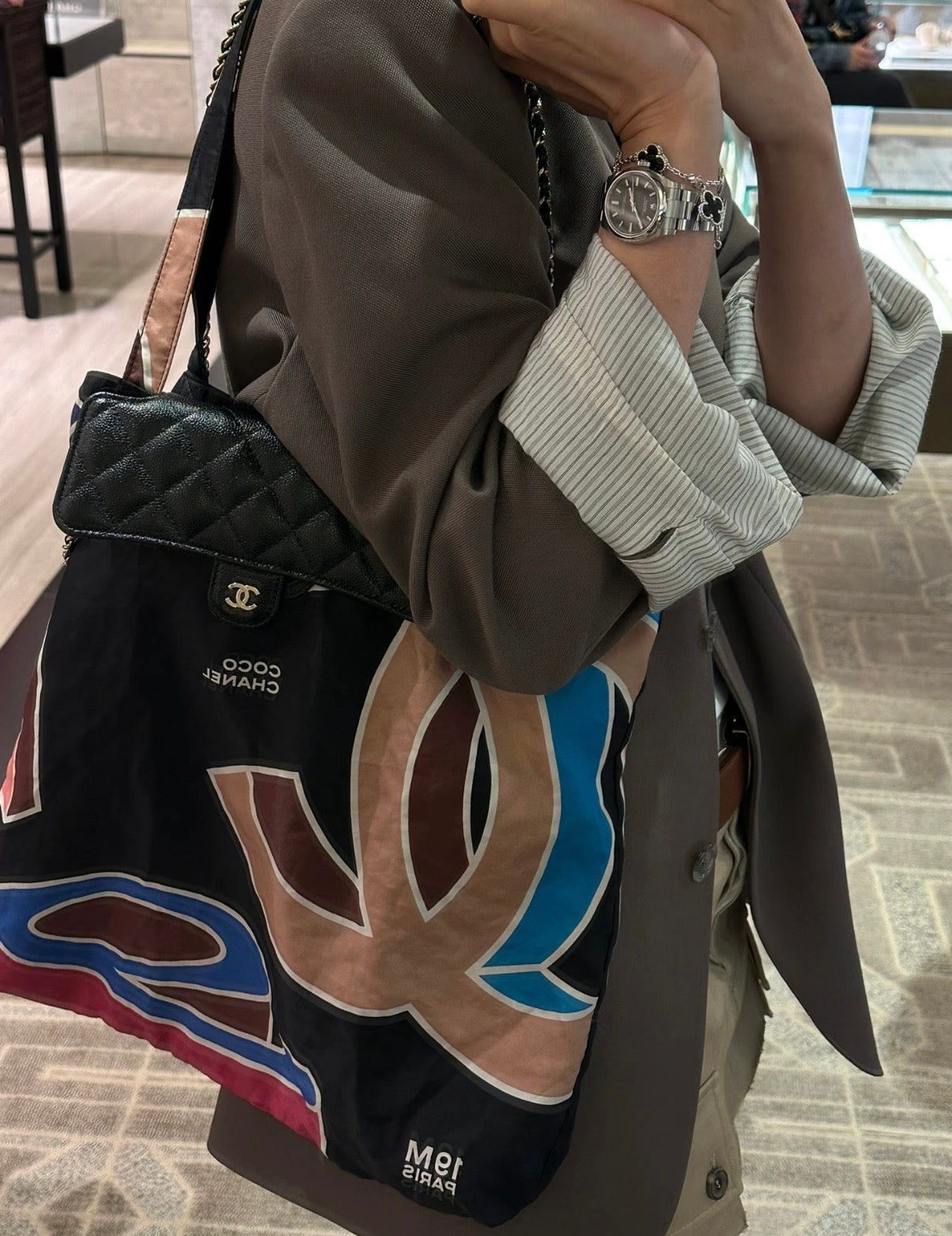 Chanel Foldable Tote Bag with Chain Quilted Caviar and Printed Nylon.